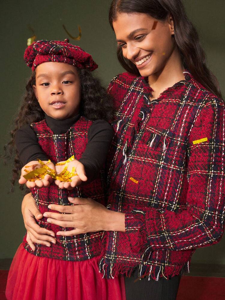 SHEIN Maija Women's Christmas Plaid Print Long Sleeve Short Jacket With Fur Trim, Suitable For Autumn & Winter