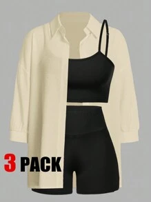 SHEIN Essnce Bộ 3 trang phục thể thao thường ngày cho nữ - Áo ba lỗ thời trang gợi cảm, quần đùi thể thao, áo sơ mi - Thích hợp cho các môn thể thao ngoài trời, du lịch, đi bộ đường dài, quần vợt - Màu be - Xem 1
