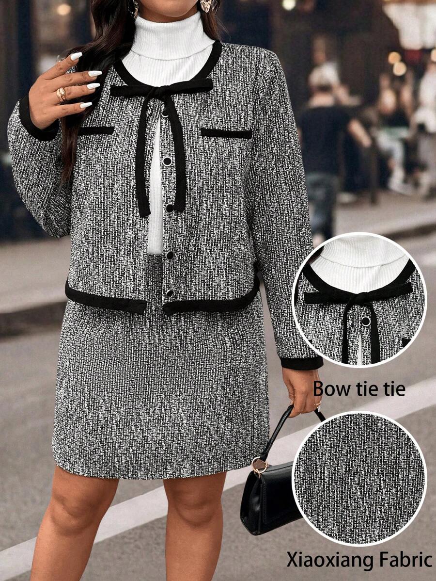 Calvaya Plus Size Women's Elegant Commuter Casual Two-Piece Set With Tweed Floral Pattern - Multicolor - View 1