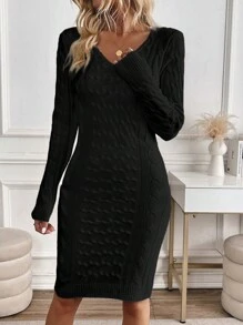 SHEIN Clasi Vestido tipo jersey ajustado con parches de encaje en unicolor casual para mujer, otoño/invierno