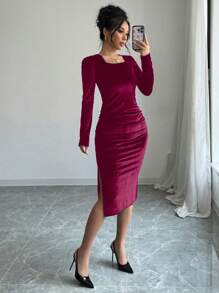 Elenzga 1pc Women's Black Velvet Long Sleeve Square Neck Backbow Tie-Up Slit Dress For New Year Holiday Party Clothes Burgundy Maxi Women Outfit - Burgundy - View 4