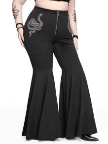 ROMWE Goth Plus Size Retro Eleganckie Tajemnicze Seksowne Spodnie Bodycon Z Haftowanym Wężowym Zamkiem Błyskawicznym Rozkloszowanym Wzorem, Wysoka Elastyczność - Czarne - Zobacz 4