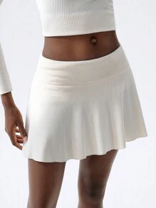VARSITIE Simple And Fashionable Retro College Style, Beige And Apricot Ruffled Elastic Women's Skirt