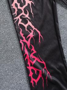 SHEIN 2pcs Set: Teen Boys Dark Punk Style Pink Lighting Graphic Hooded Sweatshirt And Wide Leg Pants, Fashion Streetwear