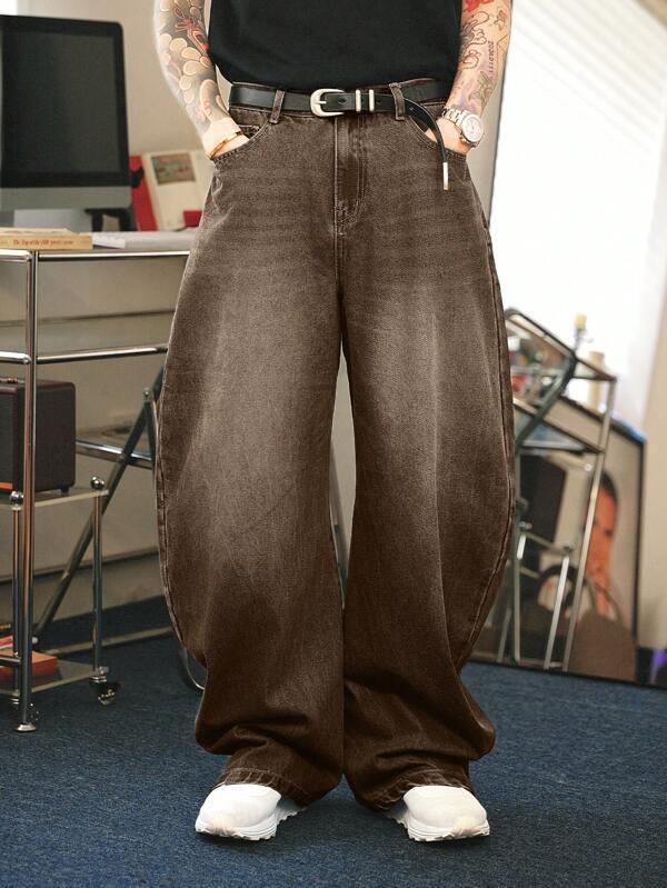 Manfinity Denimwave Retro Y2K Street Loose Brown Washed Relaxed Fit Flared Leg Jeans For Men