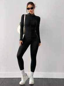 SHEIN EZwear 2pcs Women New Knit Thermal Lined Fitted Mockneck Zip-Up Jacket And Base Layer Pants Set - Black - View 3