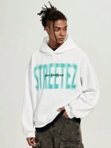 Manfinity VCAY Men's Loose Letter Print Long Sleeve Fluffy Fashion Hooded Sweatshirt, Thick Graphic White Gym Hoodie, For Friends, Husband, Boyfriend Gifts