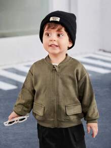 SHEIN Leap Crew Baby Boy Dark Green Baseball Jacket, Casual Versatile Decor Pockets Dropped Shoulders Soft Suede Fabric All-Match Street Comfortable Simplistic Suitable For Outing, Autumn