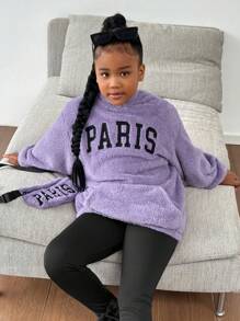 Tween 女童厚绒双面刺绣图案超大套头连帽衫，秋冬保暖，时尚休闲宽松口袋运动衫