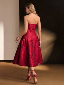 MOTF PREMIUM 提花图案纯色喇叭下摆中长连衣裙 - 紅色 - 查看 7