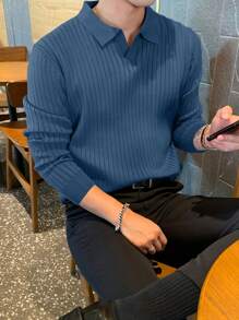 DAZY 男士纯色领口长袖休闲针织毛衣，秋冬 - 霧霾藍 - 查看 5