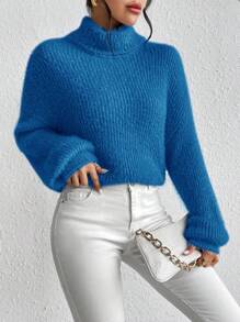 SoleilVie 女士纯色高领长袖套头毛衣，休闲日常针织套头衫，秋冬季 - 藍色 - 查看 5