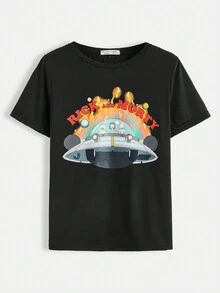 Rick and Morty X SHEIN Áo thun nữ cổ tròn tay ngắn dáng rộng thoải mái, thích hợp cho mùa hè - màu đen - Xem 5
