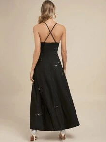 SHEIN Clasi Women's A-Line Spaghetti Strap Dress With Gold/Silver Thread, Fashion Versatile Party Dress, Autumn/Winter Christmas Party Dress Holiday Dress Elegant Dress Christmas Party Dress Dress Dresses For Women - Black - View 2