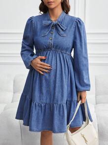 SHEIN Maternity Denim Dress With Loose Long Sleeve Shorts, Blue