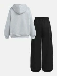 SHEIN Girlism 少女休闲图案印花连帽卫衣和拼色长裤两件套 - 灰色 - 查看 2