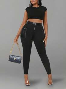 Maweii Plus Size Women Solid Color High Waisted Contrast Color Faux Leather Leggings - Black - View 4