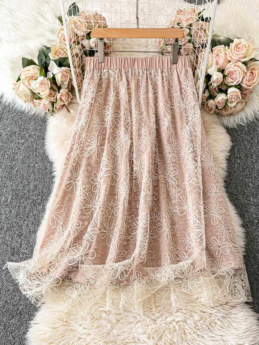 SHEIN Clasi Plus Size Elegant 3D Embroidery Sequins Lace A-Line Skirt