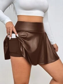SHEIN EZwear Plus Size Ladies Brown Faux Leather Mini Skirt With Built-In Shorts And Pockets