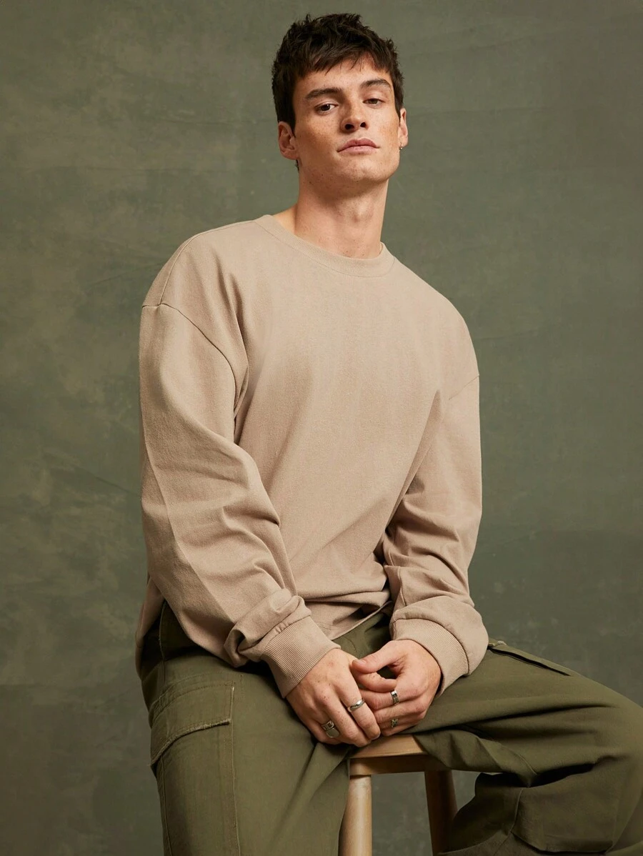 T-shirt 100% coton à manches longues surdimensionné pour hommes - Gris - Voir 1