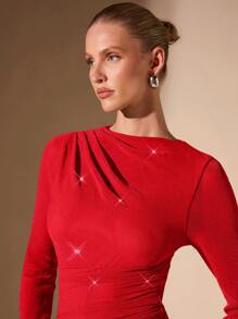 SHEIN BAE 1 chiếc váy dài tay xếp ly thanh lịch màu trơn cho nữ - Đỏ - Xem 6