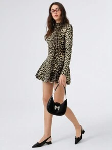 SHEIN EZwear Women's New High Neck Leopard Print Pleated Slim Fit Flower Hem Dress,Perfect For Back To School