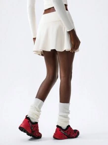 VARSITIE Simple And Fashionable Retro College Style, Beige And Apricot Ruffled Elastic Women's Skirt