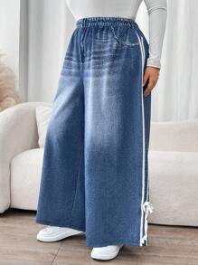 SHEIN CURVE+ Plus Size Denim Effect Wide Leg Pants With Side Bow - Blue - View 6
