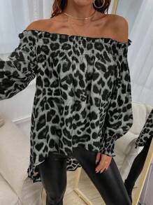 SHEIN Clasi Blusa informal de mujer de manga larga con hombros descubiertos, bajo asimétrico y estampado de leopardo, para otoño