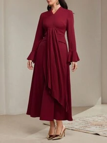 Modelyn Đầm dạ hội dài tay loe cổ chữ V màu trơn cho nữ, váy dài thanh lịch xếp ly - Màu Đỏ Sâu - Xem 7