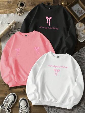 Bubble Cat Artiste 3 pièces/Set Pull épais doublé thermique avec imprimé nœud rose girly, adapté pour l'automne/hiver