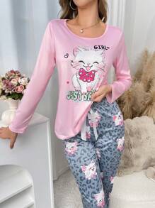 Conjunto de pijama de mujer con estampado de gato lindo, ropa de otoño e invierno - Multicolor - Ver 5