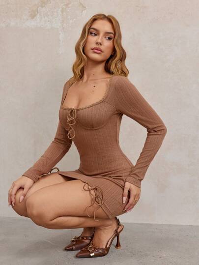 SHEIN SXY Women's Casual Solid Color Fitted Midi Dress, Brown, Autumn,Brown Dress,Thanksgiving Dress,