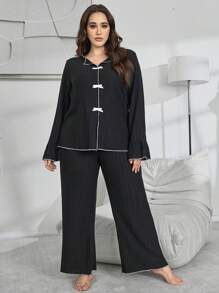 Lazeform 1set Soft Solid Color Ribbed Trim Bow Decor Loungewear Set