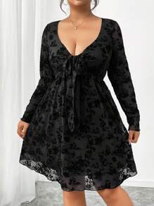 SHEIN Frenchy Plus Size Women Black Flocked Mesh See-Through A-Line Dress, Front Tie And Asymmetric Design, Funnel Neck - Black - View 5
