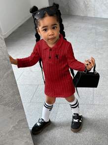 SHEIN Explorewe 女宝宝休闲日常百搭马术刺绣装饰领长袖连衣裙，适合秋冬季外出 - 酒紅色 - 查看 5