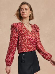 SHEIN Unity Women's Elegant Long Sleeve Ruffle Trim Floral Print Blouse Fall Cloth For Women - Red - View 5