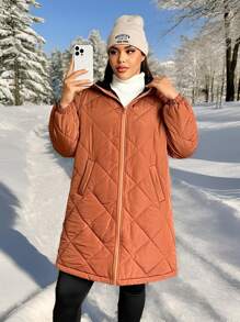 SHEIN EZwear 大码女式棕色棉质夹棉大衣，寒冷天气保暖服装，保暖绗缝夹克，秋装