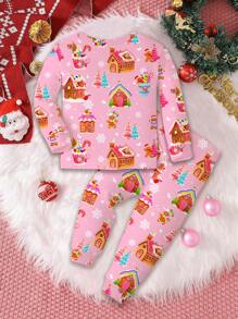 SHEIN Christmas Cute Cartoon Santa Claus, Gingerbread Man, Snowman, Christmas Tree, Snowflake, Candy House Pattern Baby Girl Casual Comfortable Warm Thermal Lined Long Sleeve Top And Pants Pajama Set, Snug Fit, Suitable For Autumn/Winter - Multicolor - View 2
