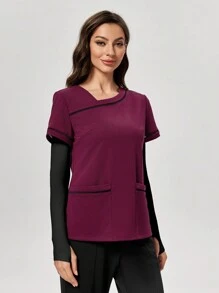 TaskEZ 1 件女士不对称领短袖护理服手术服制服上衣 - 紫色 - 查看 4