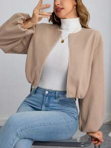 SHEIN EZwear Áo khoác ngắn tay dài cổ tròn dệt trơn màu giản dị dành cho nữ - Màu Khaki - Xem 2