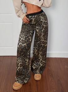 SHEIN PETITE Women Leopard Print Loose Fit 2 In 1 All-Cotton Jeans ,Petite Women - Multicolor - View 3