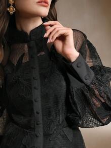 Anewsta 优雅办公室装白色灯笼袖蕾丝腰收腰女士连衣裙 - 黑色 - 查看 4