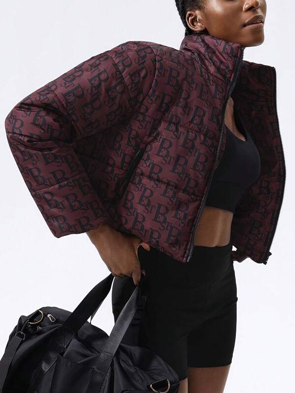 VARSITIE Burgundy Retro Letter Graphic High Collar And Long Sleeves Women Sports Winter Coat