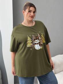 SHEIN CURVE+ Plus Size Christmas T-Shirt With Christmas Tree And Snowman Print, For Autumn/Winter
