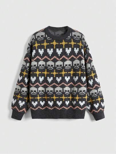 Goth Femmes Pull col rond manches longues avec imprimé crâne et cœur, simple, décontracté, effet contrasté