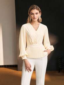 MOTF Soiréza SOLID V-NECK LANTERN SLEEVE PLEATED PEPLUM TOP - Apricot - View 6