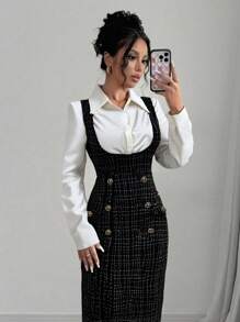 Modelyn 女式复古纽扣装饰腰部收腰后开衩连衣裙，休闲秋季长款女装长款晚礼服 - 黑色 - 查看 1
