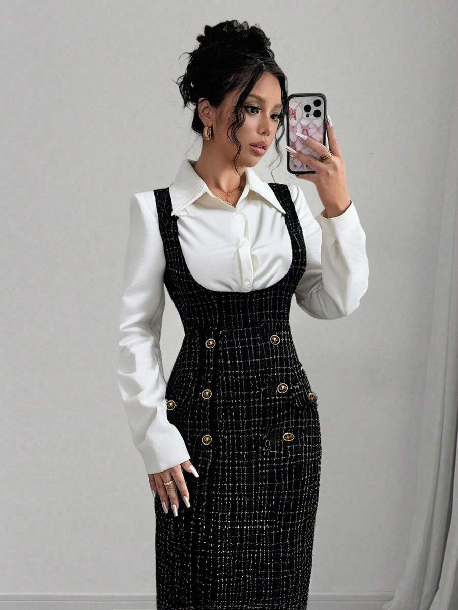 Modelyn 女式复古纽扣装饰腰部收腰后开衩连衣裙，休闲秋季长款女装长款晚礼服 - 黑色 - 查看 1