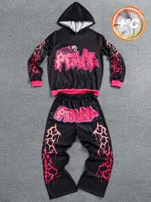SHEIN 2pcs Set: Teen Boys Dark Punk Style Pink Lighting Graphic Hooded Sweatshirt And Wide Leg Pants, Fashion Streetwear